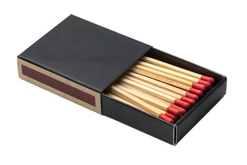 Open black matchbox filled with wooden matches featuring red ignition tips, isolated on a transparent background. Ideal for safety concepts, fire-themed graphics, camping equipment designs, survival k