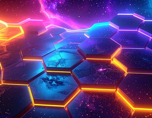 Hexagonal futuristic landscape bathed in vibrant neon lights
