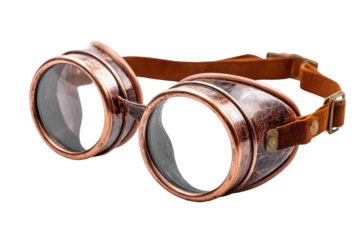 Pair of steampunk-style goggles with copper frames, clear lenses, and a leather strap