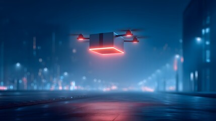cinematic real photo of a drone carrying a glowing parcel flying above a neon-lit downtown street