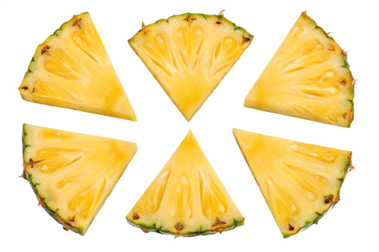A collection of six juicy tropical pineapple wedges arranged individually on a transparent background. Perfect for food packaging design, summer banners, juice ads, tropical menus, recipe illustration