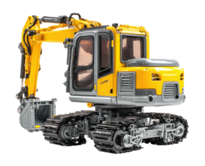 A compact construction machine, vibrant yellow cab on tracks, with an articulated arm and digging bucket