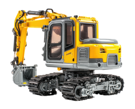 A compact construction machine, vibrant yellow cab on tracks, with an articulated arm and digging bucket