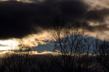 Bare tree silhouettes under a dramatic, cloudy sky. Dark, moody clouds contrast with hints of...