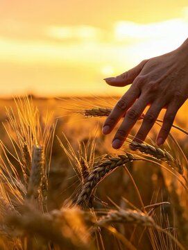 Close-up of a hand touching golden wheat field under sunset light, warm colors, cinematic depth, nature and freedom feeling.