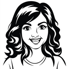 Portrait of a young, happy, smiling girl with beautiful wavy hair in black and white