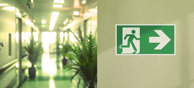 Fire exit sign on the right in the corridor of the office. Yellow light effect. Background space on the left for copy text. 