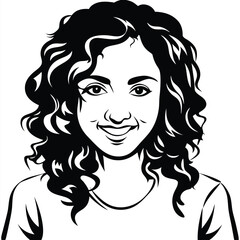 Smiling young woman with dark curly hair in a monochrome portrait stands still