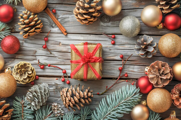 Elegant christmas centerpiece featuring gold and red gifts with pine branches and festive decor