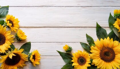 bright yellow sunflowers arranged in a semi circle on rustic white wooden background with lush green leaves creating a cheerful and natural frame