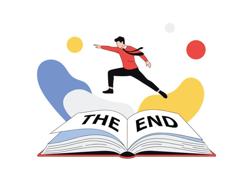 A man leaps across an open book that reads the end.