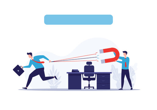 A businessman is attracted to a large magnet by another person in an office setting.