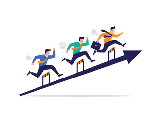 Fototapeta premium Businessmen jumping over hurdles in a race to success on an upward graph.