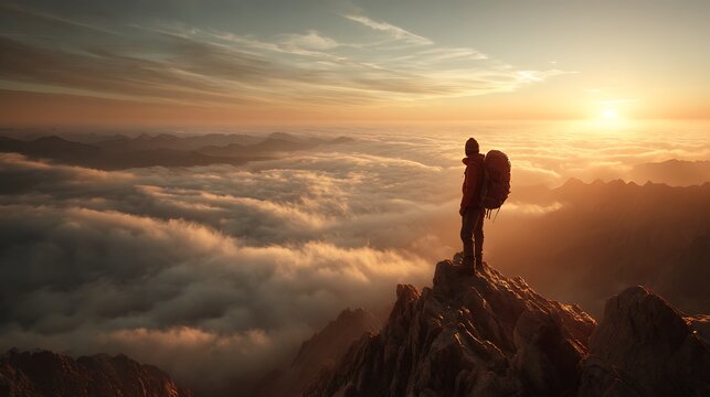 Adventurer on mountain peak during dawn HD photos