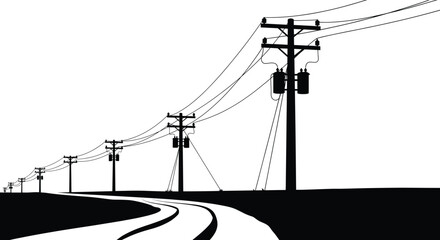 Utility poles, electrical transformers, power lines, rural road, infrastructure, silhouette, energy distribution, curved street, electricity supply, suburban network, black and white, grid system,