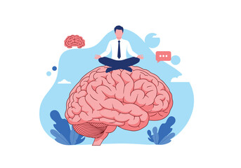 Illustration of a person meditating on a giant brain symbolizing mental health and well-being.