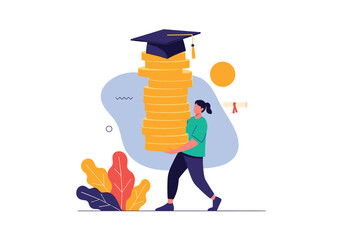 Student carrying a stack of gold coins with a graduation cap on top representing educational investment and future success.