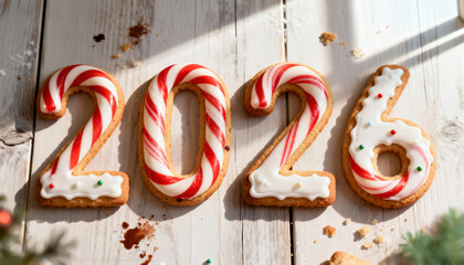 2026 candy cane sugar cookies with icing on wooden table
