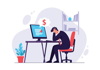 A stressed businessman looking at a computer screen with a declining graph and a dollar sign in a thought bubble.
