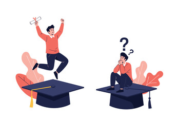 Two students on graduation caps one celebrating success the other contemplating the future.