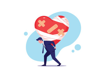 A man carries a large bandaged heart symbolizing emotional burden and recovery.