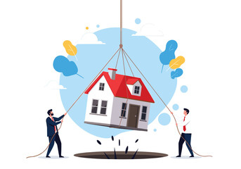 Two businessmen carefully guide a house being lowered into a hole in the ground.