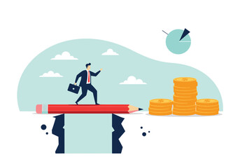 Businessman crossing a gap on a pencil bridge towards money stacks.
