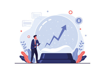 Financial analyst looking into a crystal ball predicting future stock market growth and investment trends.