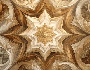 Intricate, symmetrical starburst pattern with layered, textured wooden hues