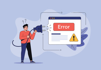 A man is unplugging a wire from a computer screen displaying an error message.