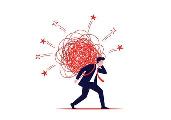 A stressed businessman struggles under a heavy burden of chaotic thoughts and overwhelming pressure.