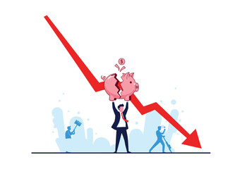 Financial downturn represented by a falling arrow and broken piggy bank held by a businessman.