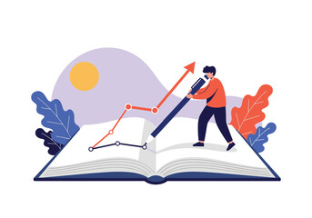 Analyzing growth trends and financial performance using a book and chart.