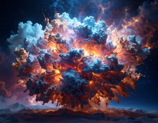 Intense, multi-colored explosion with wispy clouds, fiery core, and dark mountains