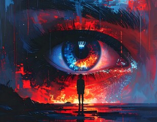 Large eye with a fiery iris and a silhouette of a person beneath it