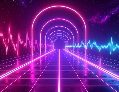 Futuristic tunnel with neon lights, soundwaves, and starry cosmos background