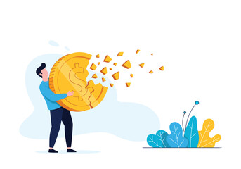 A person holding a breaking gold coin symbolizing financial loss and economic instability.