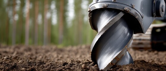 Construction equipment drills into soil at a forest site for site preparation and excavation near trees in broad daylight