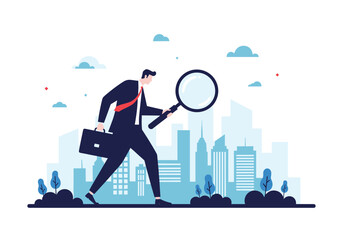 A businessman with a briefcase and a magnifying glass examines the city skyline searching for opportunities.