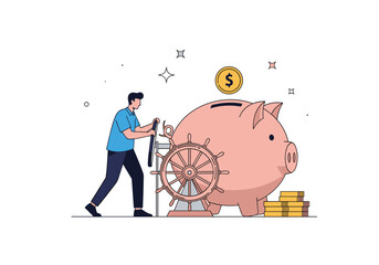 A man steering a ship's wheel to help a piggy bank save coins and financial growth.