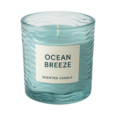 PNG Aqua glass candle with label.