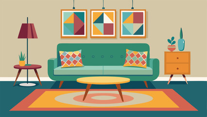 A colorful patterned statement rug in a living room filled with unique vintage furniture pieces.