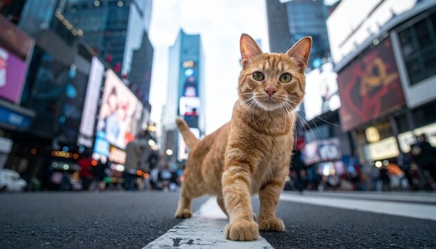 Orange tabby cat confidently struts through vibrant Times Square, capturing the energy and excitement of New York City with a touch of quirky charm