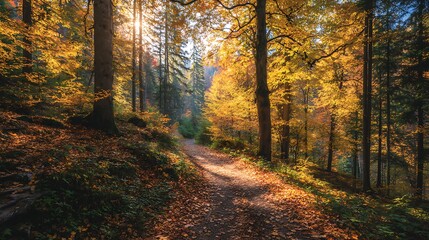 Obraz premium Golden autumn forest path with sunlight glow HD photos