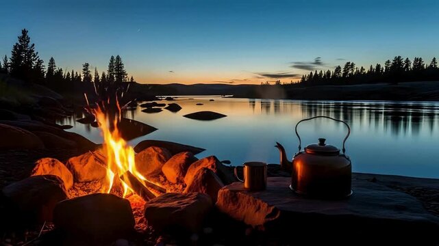 Peaceful evening campfire video with steaming kettle and tranquil lake at dusk, great for travel or nature content