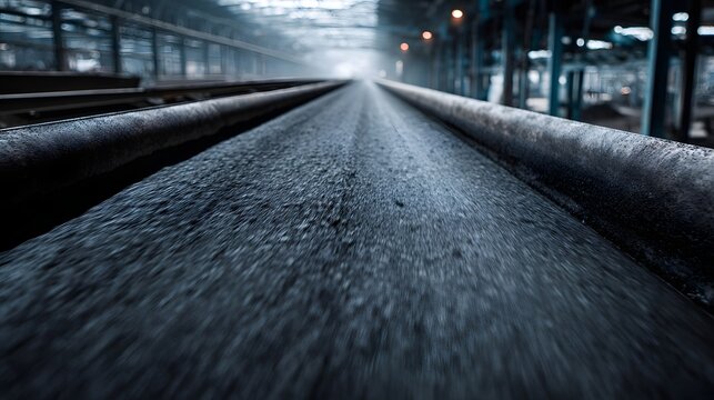 A long industrial conveyor belt transports granular material through a dimly lit factory