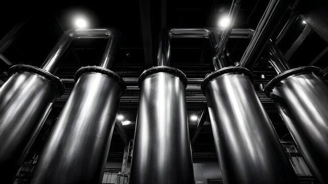 Monochromatic industrial scene featuring rows of large polished cylindrical vessels connected by complex overhead pipework in a manufacturing