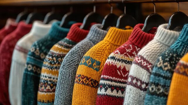 Row of sweaters hanging on a rack