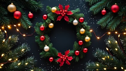 Festive christmas wreath adorned with ornaments and twinkling lights