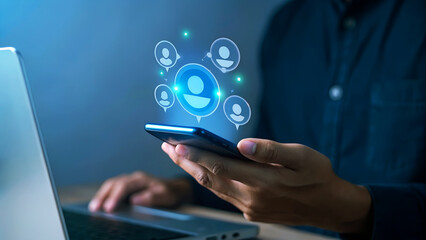 Man using smartphone with social media network connection concept of digital communication and global network connection technology